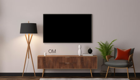 TV on the cabinet in modern living room. 3D illustration.の素材