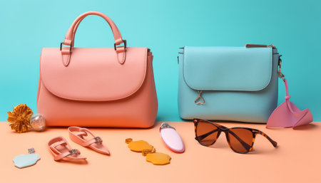 Women's accessories on a pastel background. 3d rendering.の素材