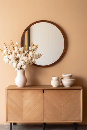 Wooden commode with mirror and vase of flowers in roomの素材