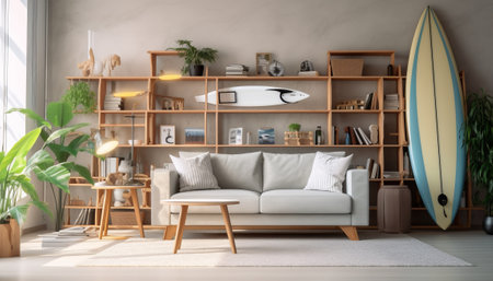 Living room interior with sofa, bookshelf and coffee table. 3d renderingの素材