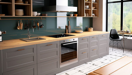 3d Illustration of a modern kitchen in a loft with a beautiful designの素材