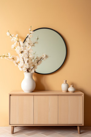 Vase with blooming branches on chest of drawers in roomの素材