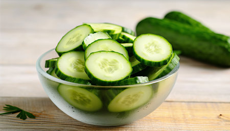 Cucumber salad in glass bowl on wooden background. Selective focus.の素材