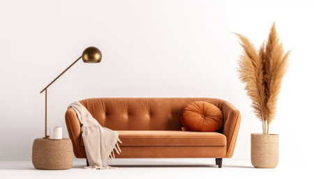 Modern interior with brown sofa, pampas grass and lamp. 3d renderの素材