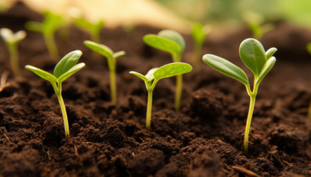 Young green seedling illustrating concept of new life and beginning to growの素材