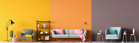 Interior of modern living room with orange and yellow wall, 3d renderの素材