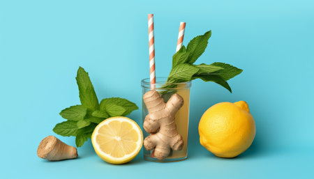 Lemonade with ginger, mint and lemon on blue background.の素材