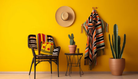Stylish room interior with armchair, potted cactus and hatの素材