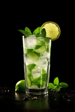 Mojito cocktail with lime and mint on a black background.の素材
