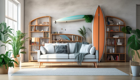 Interior of modern living room with sofa, bookshelf, bookshelf and plants. 3d renderの素材