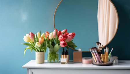 Beautiful tulips, makeup brushes and mirror on table in roomの素材