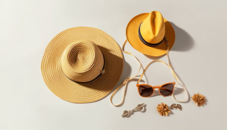 Beach accessories. Straw hat, sunglasses, seashells on white backgroundの素材