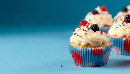 Cupcakes with fresh berries on blue background with copy space.の素材