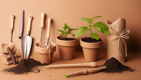 Gardening tools and plants on brown background. Gardening conceptの素材