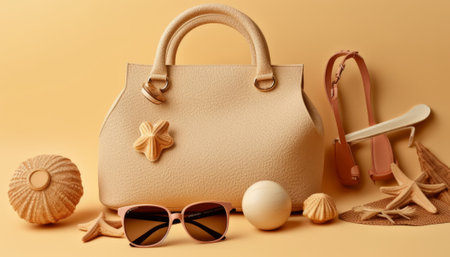Beach accessories and sandals on color background. Summer vacation conceptの素材