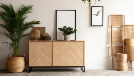 Interior of living room with wooden commode, plants and mock up posterの素材
