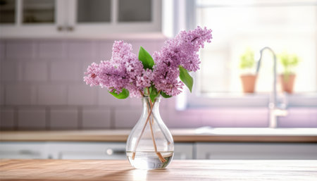 Vase with beautiful lilac flowers on table in kitchen, closeupの素材