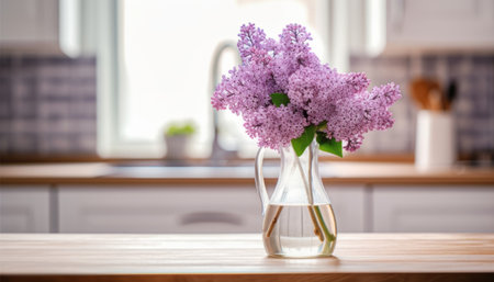 Bouquet of lilac flowers in vase on table in kitchenの素材