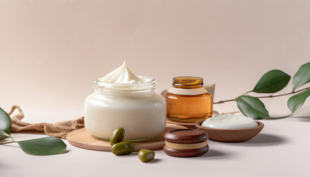 cosmetic cream in a jar with green olives on a beige backgroundの素材