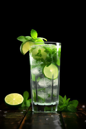 Mojito cocktail with lime, mint and ice on black backgroundの素材