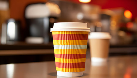Paper cup of coffee on the table in a cafe, close upの素材