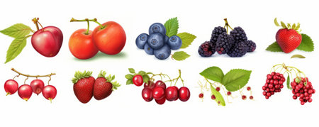 Set of different berries and fruits isolated on white background. Vector illustration.の素材