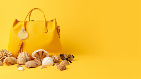 Yellow handbag, seashells and sunglasses on a yellow backgroundの素材
