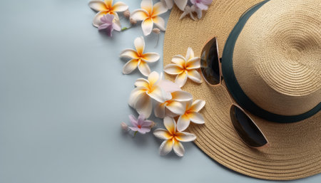 Top view of hat, sunglasses and plumeria flowers on blue backgroundの素材