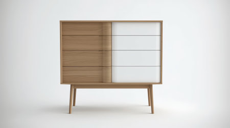 3d rendering of a wooden chest of drawers on a white backgroundの素材