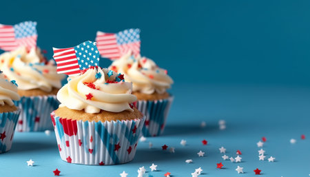 American patriotic cupcakes with stars and stripes on a blue background.の素材
