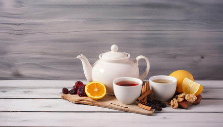 Cup of tea with lemon and dried fruits on a wooden backgroundの素材