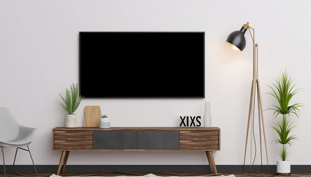 TV on the wall in modern living room. 3D rendering.の素材