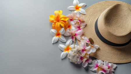 Straw hat and plumeria flowers on gray background. Flat lay.の素材