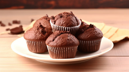 Delicious chocolate muffins on plate on wooden table, closeupの素材