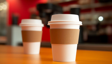 Coffee cup on the table in coffee shop, stock photoの素材