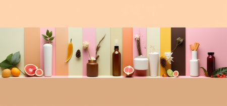 Collage of different skin care products on pink and orange background.の素材