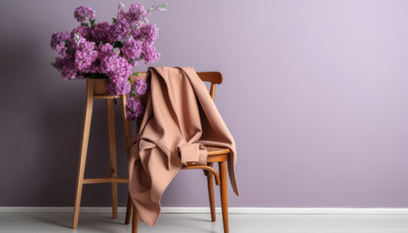 Lilac flowers on chair near color wall, interior design conceptの素材