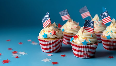 4th of July cupcakes with american flag on blue backgroundの素材