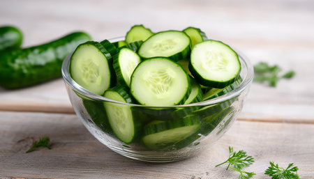 Sliced cucumber in a glass bowl on a wooden backgroundの素材