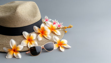 Straw hat, sunglasses and frangipani flowers on gray backgroundの素材