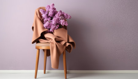 A bouquet of lilacs on a wooden chair near the wall.の素材