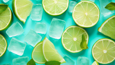 Fresh lime slices and ice cubes on light blue background, top viewの素材
