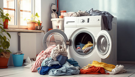 Washing machine with dirty clothes in laundry room. Laundry dayの素材