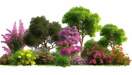 3D rendering of a group of trees and flowers in the gardenの素材