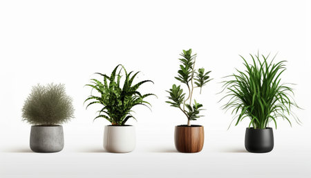 3d render of various houseplants in pots isolated on white backgroundの素材
