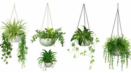 Houseplants in hanging pots isolated on white background. 3D rendering.の素材