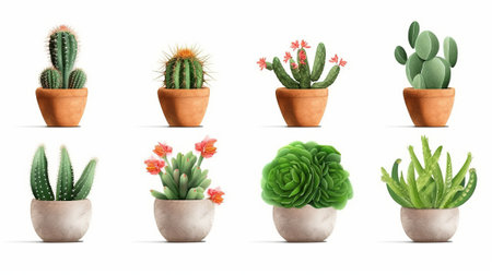 Set of cactuses in clay pots isolated on white background. Vector illustration.の素材