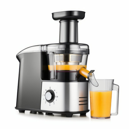 Electric juicer and orange juice isolated on white background. 3d illustrationの素材