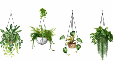 Set of indoor plants in hanging pots isolated on white background. 3D rendering.の素材
