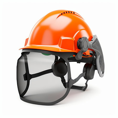 Orange safety helmet and headphones isolated on white background. 3d illustrationの素材